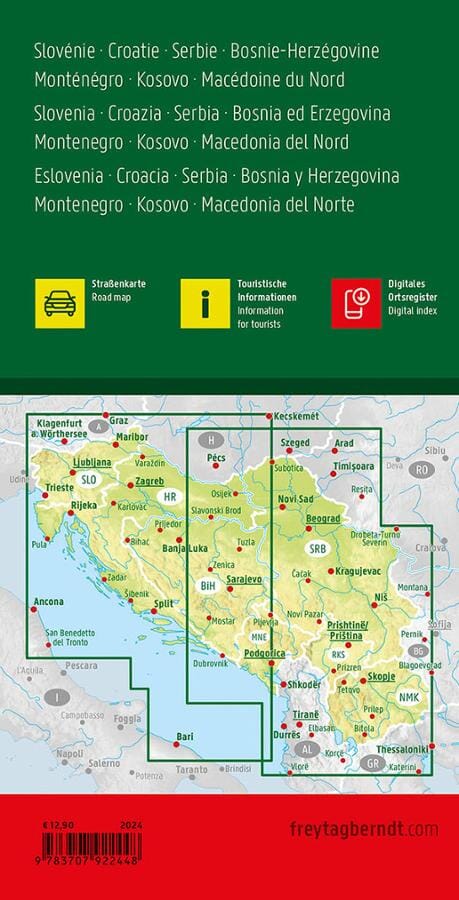 Carte routière - Balkans : Slovénie, Croatie, Serbie, Bosnie, Macédoine, Kosovo, Monténégro, Macédoine du Nord | Freytag & Berndt carte pliée Freytag & Berndt 