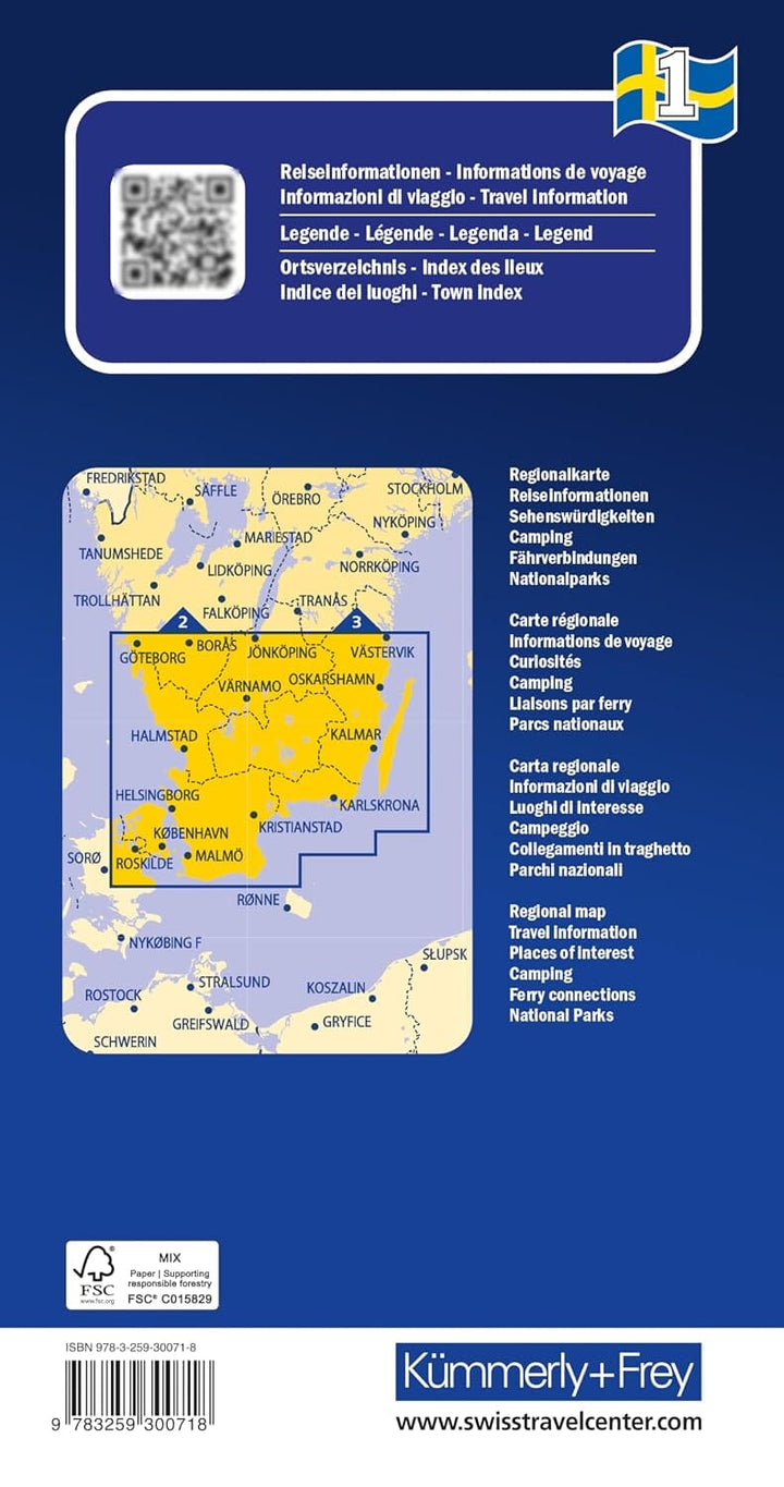 Carte routière n° 1 - Extrême sud de la Suède (Malmö, Växjö, Kalmar) | Kümmerly & Frey carte routière Hallwag Kümmerly-Frey 