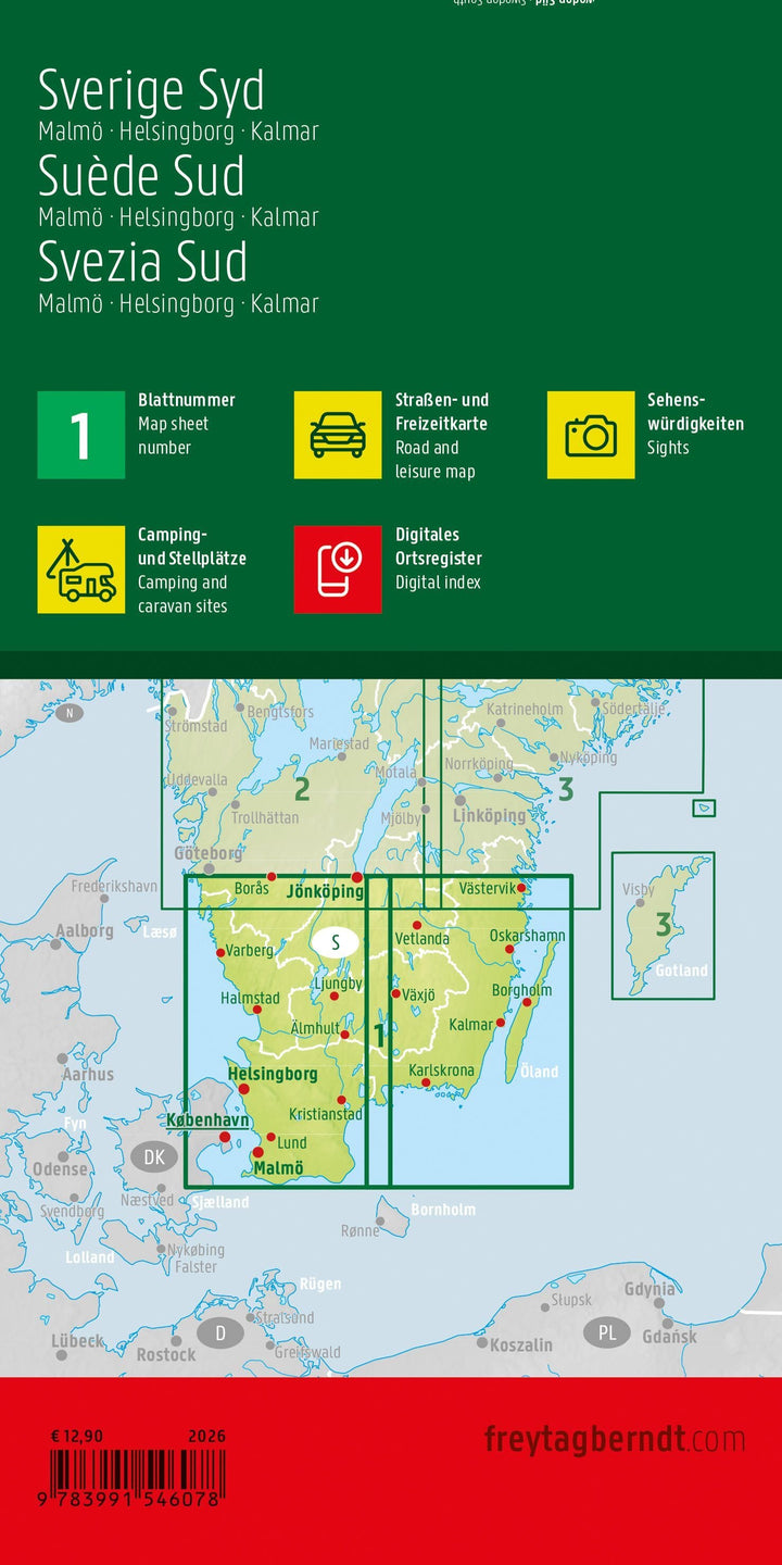 Carte routière n° 1 - Suède Sud (Malmö, Helsingborg, Kalmar) | Freytag & Berndt carte routière Freytag & Berndt 