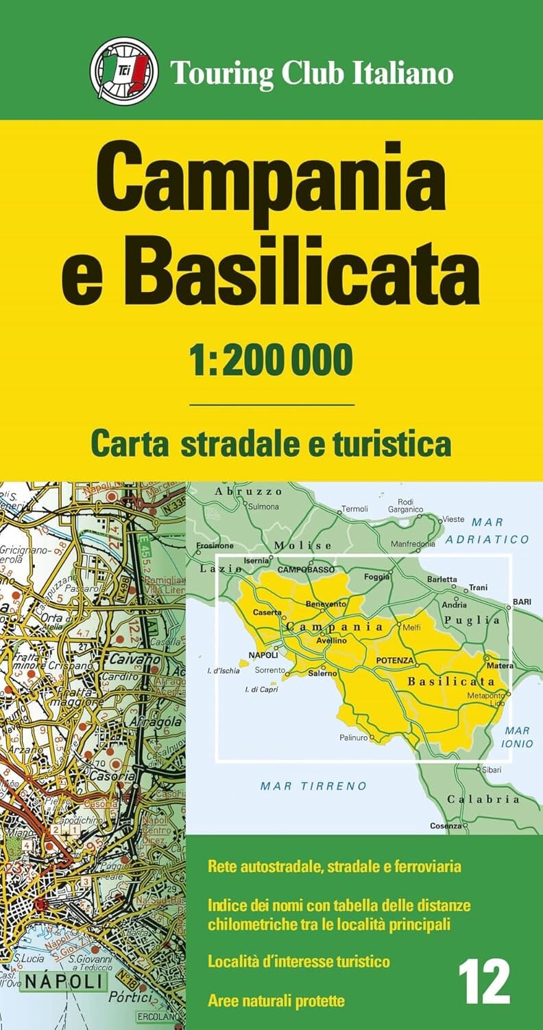 Carte routière n° 12 - Campanie et Basilicate (région de Potenza & Naples, Italie) | Touring Club Italiano-1/200 000 carte routière Touring Club Italiano