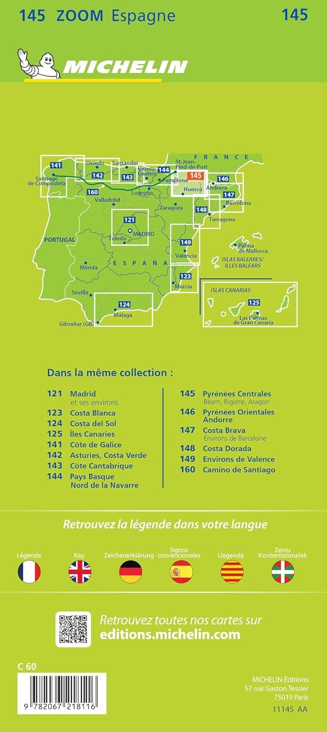 Carte routière n° 145 - Pyrénées Centrales (Béarn, Bigorre, Aragon) | Michelin - Zoom Espagne carte routière Michelin 