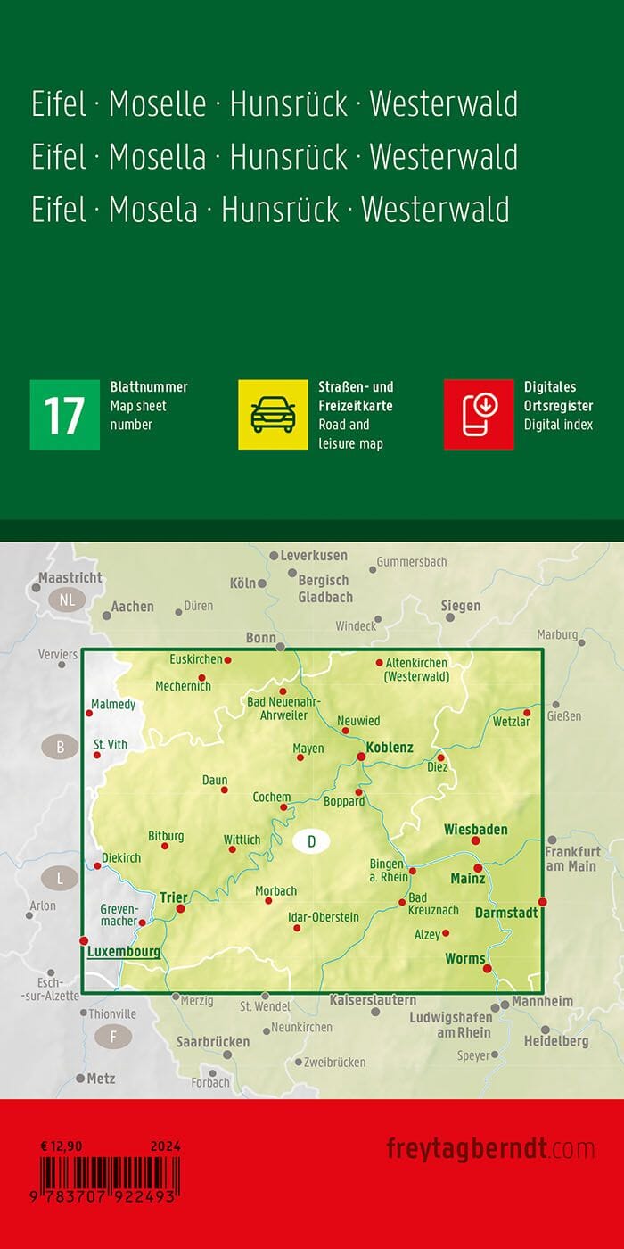 Carte routière n° 17 (Allemagne) - Eifel, Moselle, Hunsrück, Westerwald (Allemagne) | Freytag & Berndt - 1/150 000 carte routière Freytag & Berndt