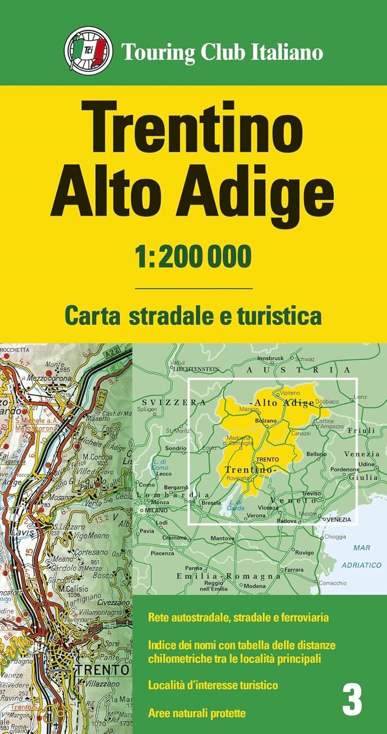 Carte routière n° 3 - Trentin-Haut-Adige (région de Bolzano, Italie) | Touring Club Italiano-1/200 000 carte routière Touring Club Italiano