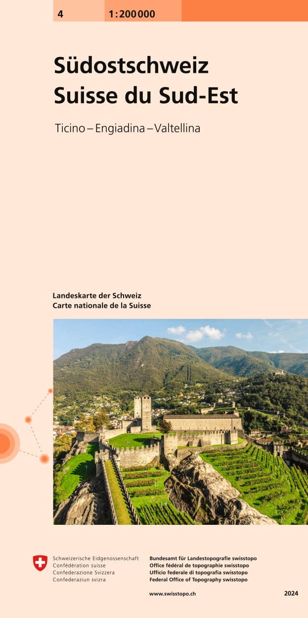 Carte routière n° 4 - Suisse Sud-est | Swisstopo - 1/200 000 carte routière Swisstopo