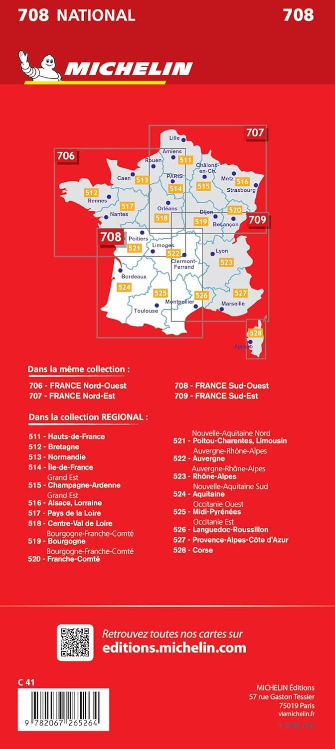 Carte routière n° 708 - 1/4 France - Sud-Ouest 2025 | Michelin carte routière Michelin