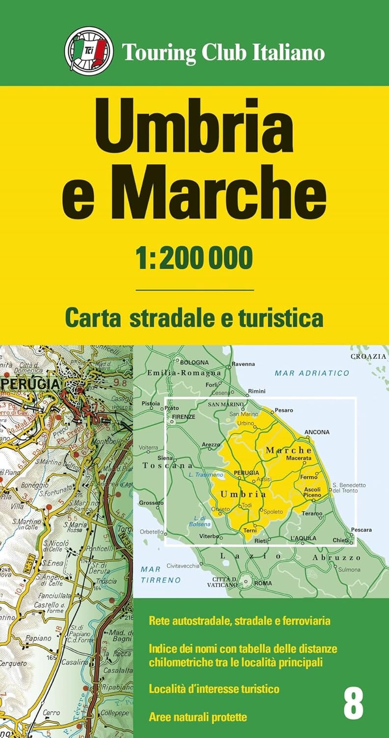 Carte routière n° 8 - Ombrie et Marches (région de Pérouse, Ancone) | Touring Club Italiano-1/200 000 carte routière Touring Club Italiano