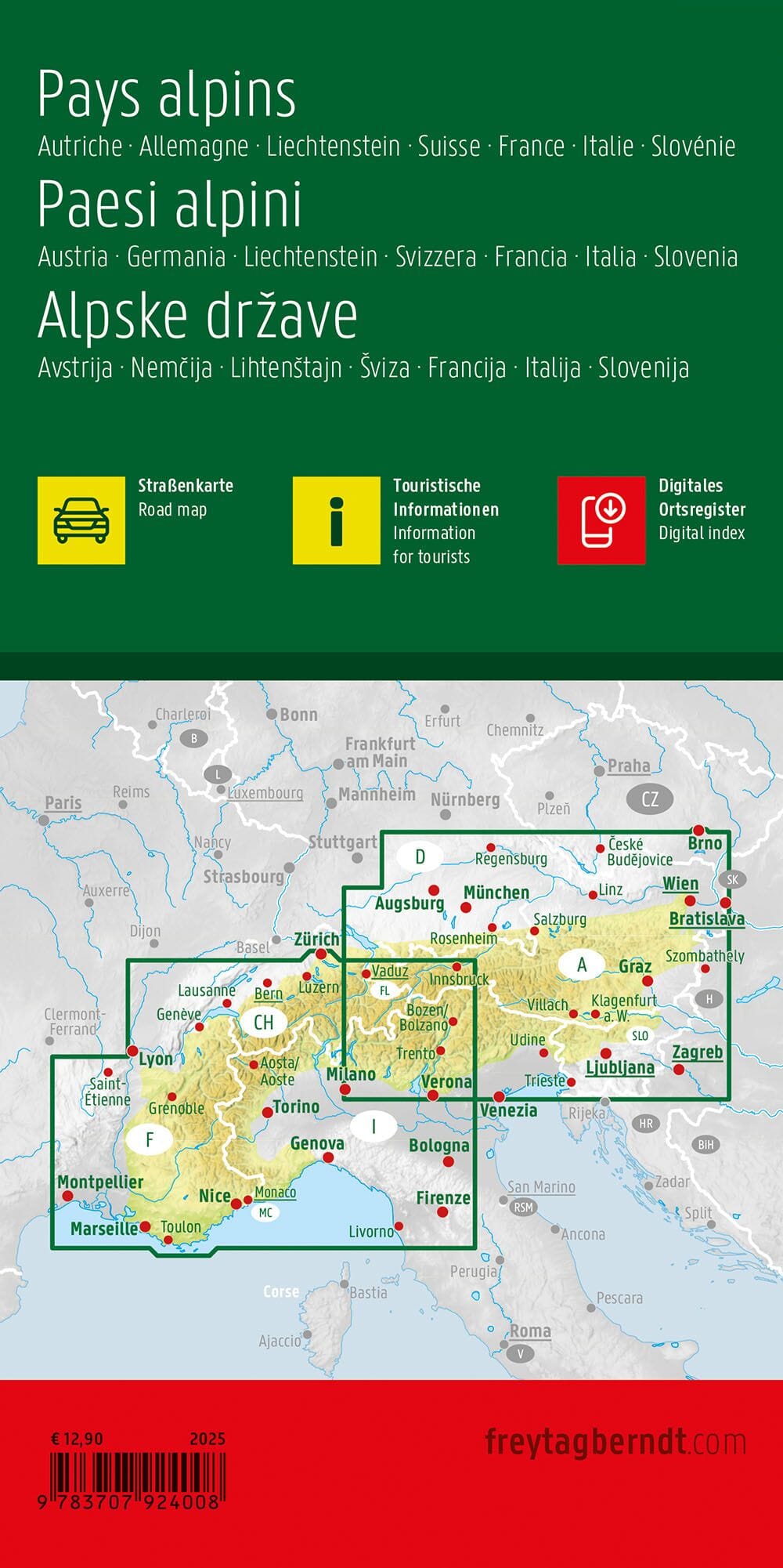 Carte routière - Pays alpins (Autriche, Allemagne, Liechtenstein, Suisse, France, Italie, Slovénie) | Freytag & Berndt carte routière Freytag & Berndt