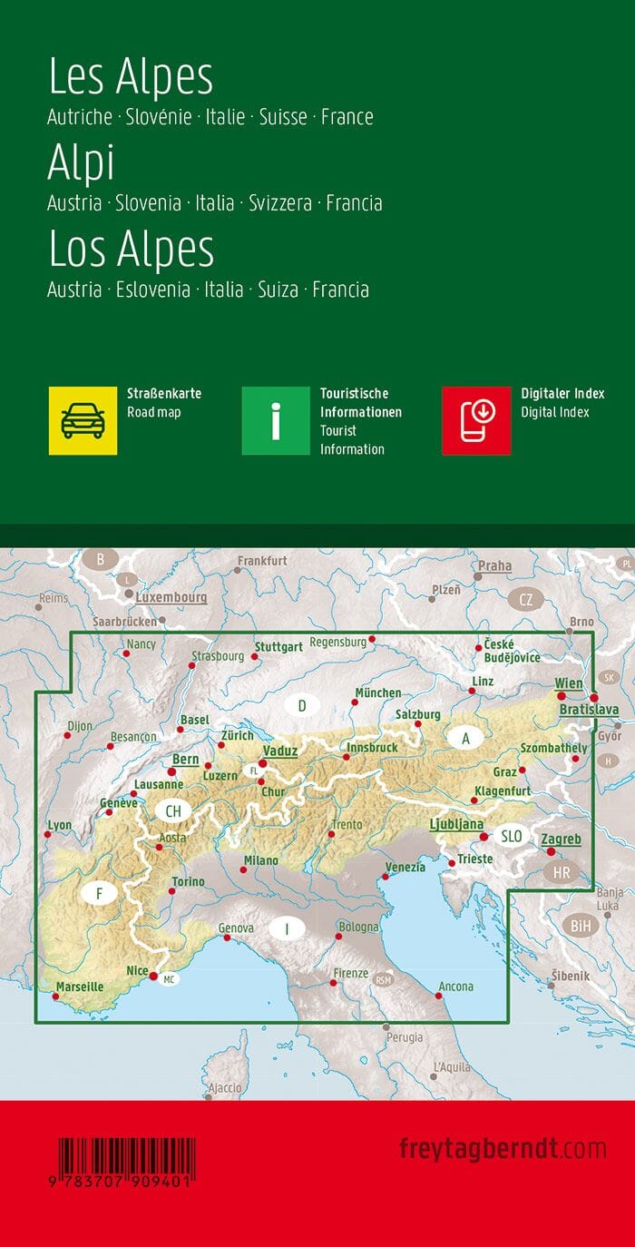 Carte routière - Pays alpins (Autriche, Slovénie, Italie, Suisse, France) | Freytag & Berndt carte routière Freytag & Berndt