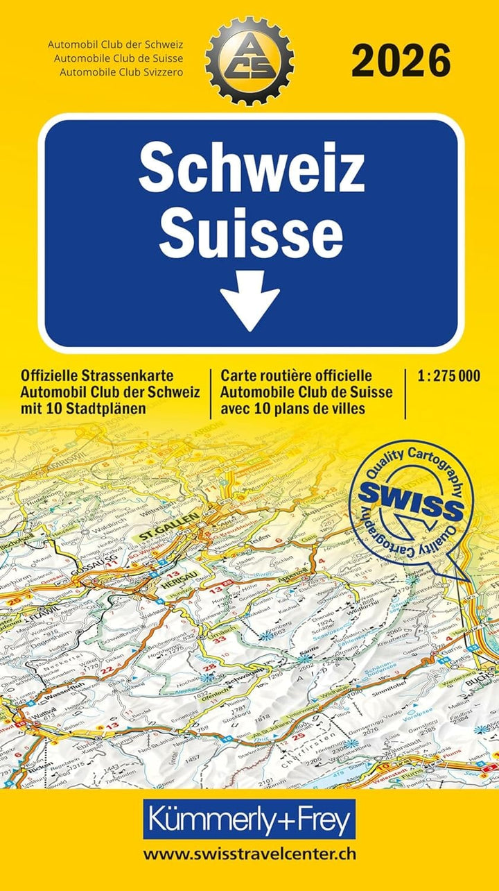 Carte routière - Suisse 2026 +10 plans de ville | Kümmerly & Frey carte routière Hallwag Kümmerly-Frey