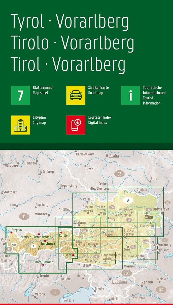 Carte routière de l'Autriche n° 7 - Tyrol & Vorarlberg | Freytag & Berndt - 1/200 000 carte routière Freytag & Berndt