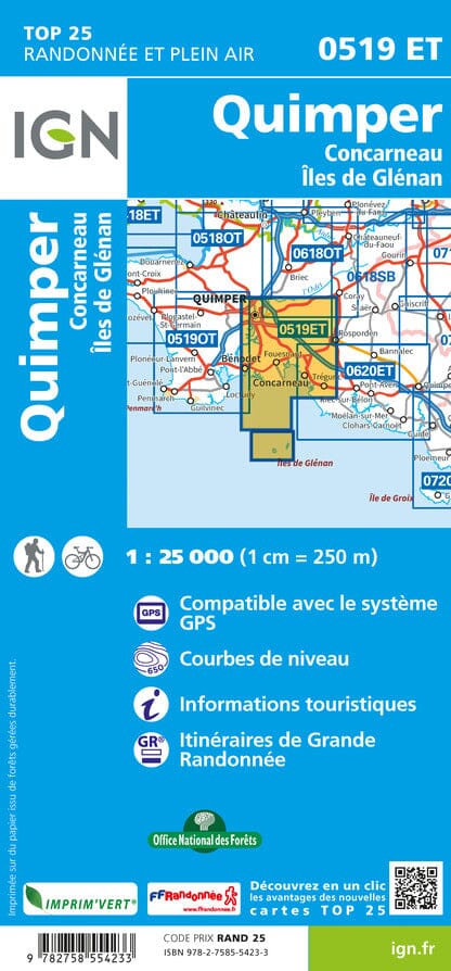 Carte TOP 25 n° 0519 ET - Quimper, Concarneau & îles de Glénan | IGN carte pliée IGN 