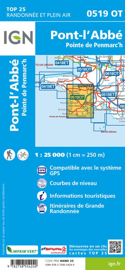 Carte TOP 25 n° 0519 OT - Pont-l'Abbé, Pointe de Penmarc'h | IGN carte pliée IGN 