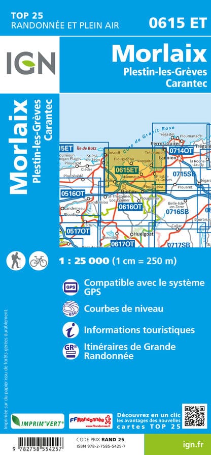 Carte TOP 25 n° 0615 ET - Morlaix, Plestin-les-Grèves, Carantec | IGN carte de randonnée IGN