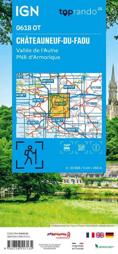 Carte TOP 25 n° 0618 OT - Châteauneuf-du-Faou, Vallée de l'Aulne, PNR d'Armorique | IGN carte de randonnée IGN 