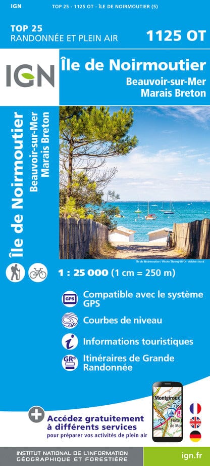 Carte TOP 25 n° 1125 OT - Ile de Noirmoutier, Beauvoir-sur-Mer, Marais Breton | IGN carte de randonnée IGN