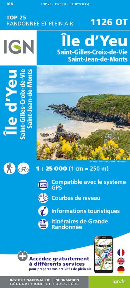 Carte TOP 25 n° 1126 OT - Ile d'Yeu, St-Gilles-Croix-de-Vie & Saint-Jean-de-Monts | IGN carte de randonnée IGN