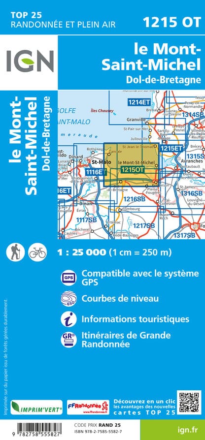 Carte TOP 25 n° 1215 OT - Le Mont-St-Michel, Dol-de-Bretagne | IGN carte de randonnée IGN