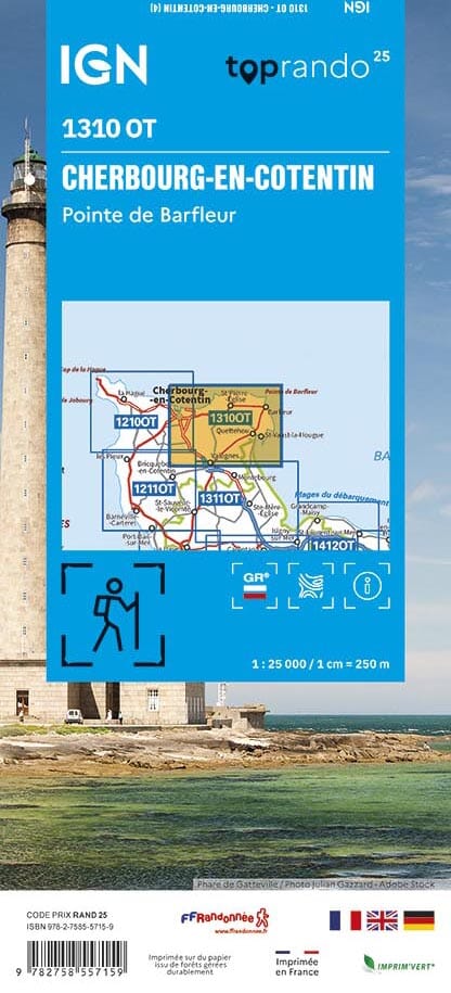 Carte TOP 25 n° 1310 OT - Cherbourg-en-Cotentin, Pointe de Barfleur | IGN carte de randonnée IGN 