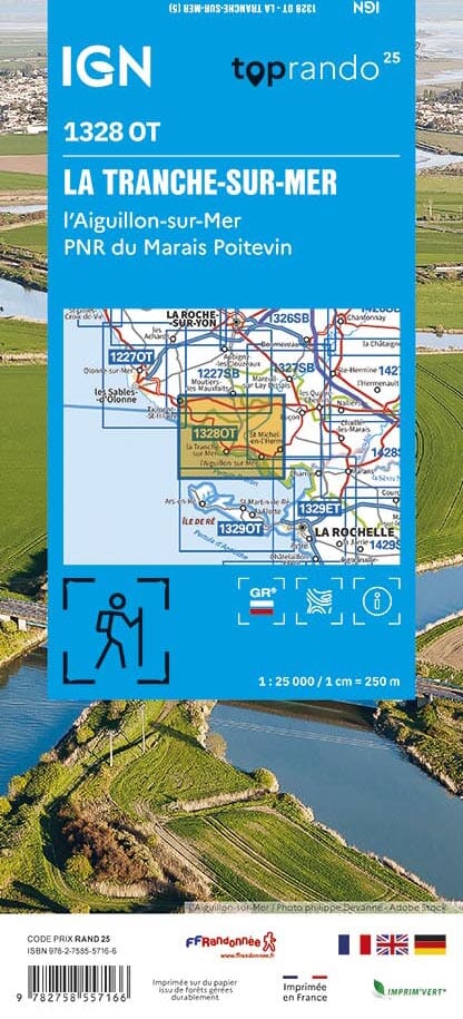 Carte TOP 25 n° 1328 OT - La Tranche-sur-Mer, l'Aiguillon-sur-Mer, PNR du Marais Poitevin | IGN carte de randonnée IGN 