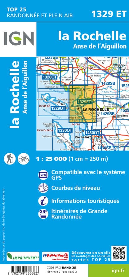 Carte TOP 25 n° 1329 ET - La Rochelle, Anse de l'Aiguillon | IGN carte de randonnée IGN