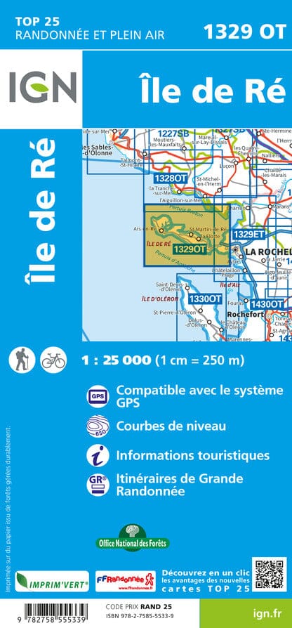 Carte TOP 25 n° 1329 OT - Ile de Ré | IGN carte de randonnée IGN