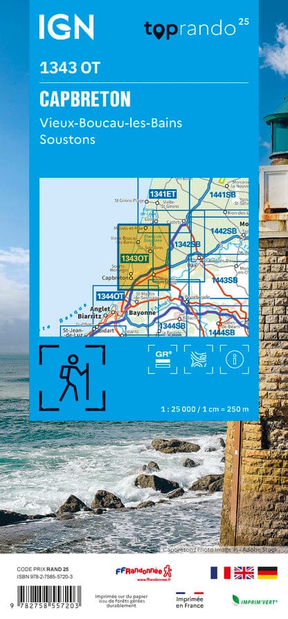 Carte TOP 25 n° 1343 OT - Capbreton, Vieux Boucau, Soustons (Landes) | IGN carte de randonnée IGN