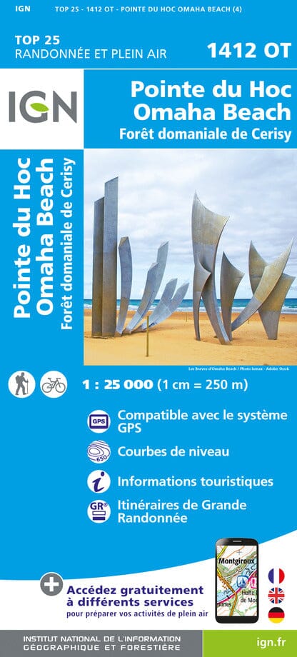 Carte TOP 25 n° 1412 OT - Pointe du Hoc, Omaha Beach, Forêt domaniale de Cerisy | IGN carte pliée IGN 
