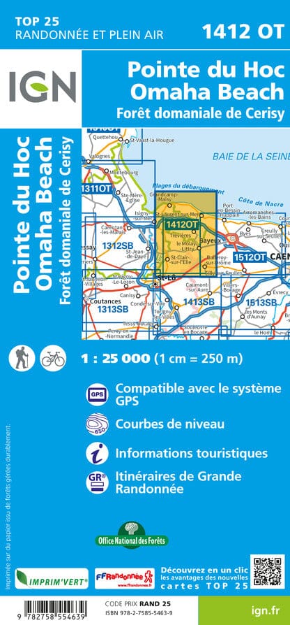 Carte TOP 25 n° 1412 OT - Pointe du Hoc, Omaha Beach, Forêt domaniale de Cerisy | IGN carte pliée IGN 
