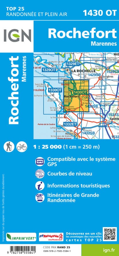 Carte TOP 25 n° 1430 OT - Rochefort & Marennes | IGN carte de randonnée IGN