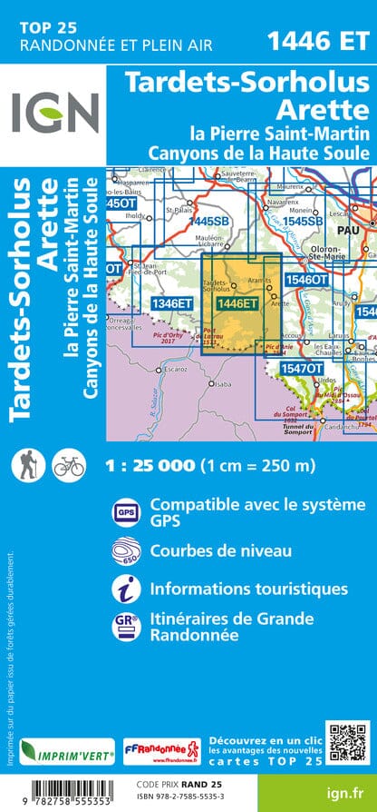 Carte TOP 25 n° 1446 ET - Tardets-Sorholus, Arette & La Pierre St Martin (Pyrénées) | IGN carte pliée IGN 