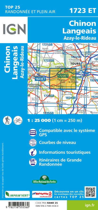 Carte TOP 25 n° 1723 ET - Chinon, Langeais, Azay-le-Rideau | IGN carte de randonnée IGN