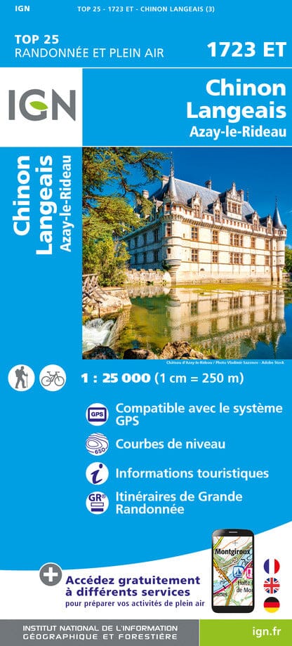Carte TOP 25 n° 1723 ET - Chinon, Langeais, Azay-le-Rideau | IGN carte de randonnée IGN