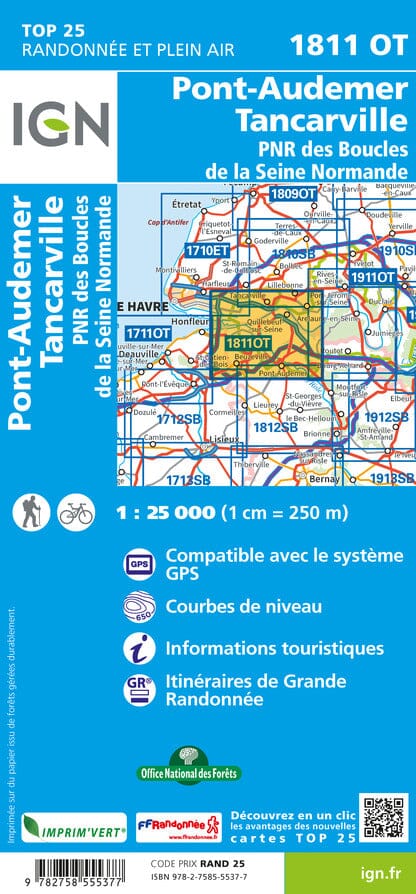 Carte TOP 25 n° 1811 OT - Pont-Audemer, Tancarville & PNR des Boucles de la Seine Normande | IGN carte de randonnée IGN