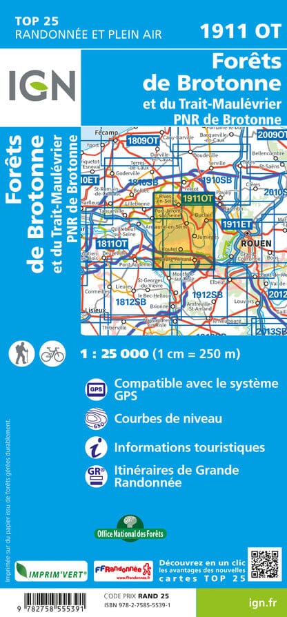 Carte TOP 25 n° 1911 OT - Forêts de Brotonne et du Trait-Maulévrier, PNR de Brotonne | IGN carte pliée IGN 