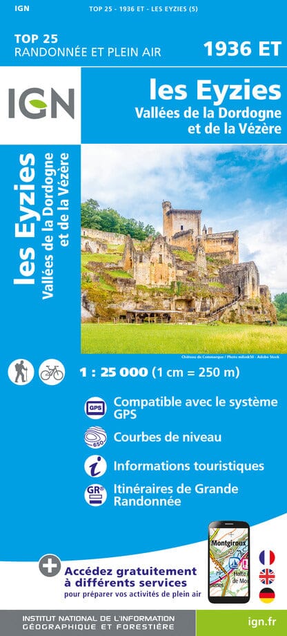 Carte TOP 25 n° 1936 ET - Les Eyzies, Vallées de la Dordogne , vallée de la Vézère | IGN carte pliée IGN 