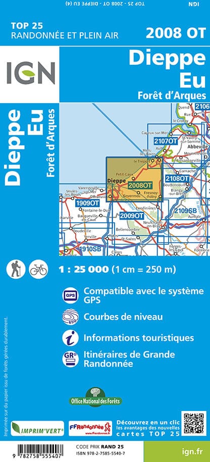 Carte TOP 25 n° 2008 OT - Dieppe, Eu, Forêt d'Arques | IGN carte de randonnée IGN