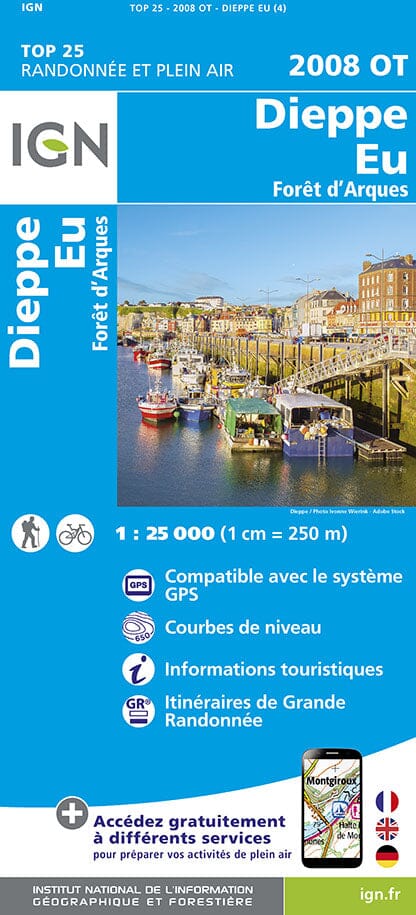 Carte TOP 25 n° 2008 OT - Dieppe, Eu, Forêt d'Arques | IGN carte de randonnée IGN