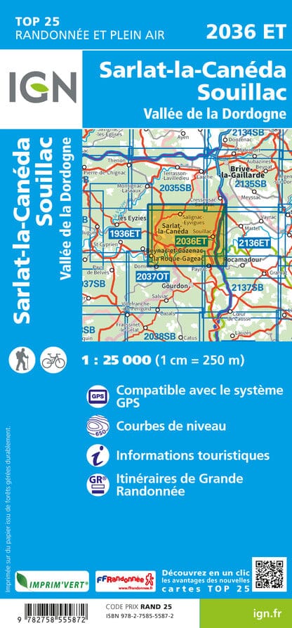 Carte TOP 25 n° 2036 ET - Sarlat, Souillac, Vallée de la Dordogne | IGN carte de randonnée IGN