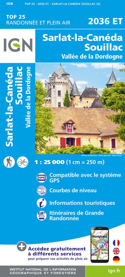 Carte TOP 25 n° 2036 ET - Sarlat, Souillac, Vallée de la Dordogne | IGN carte de randonnée IGN