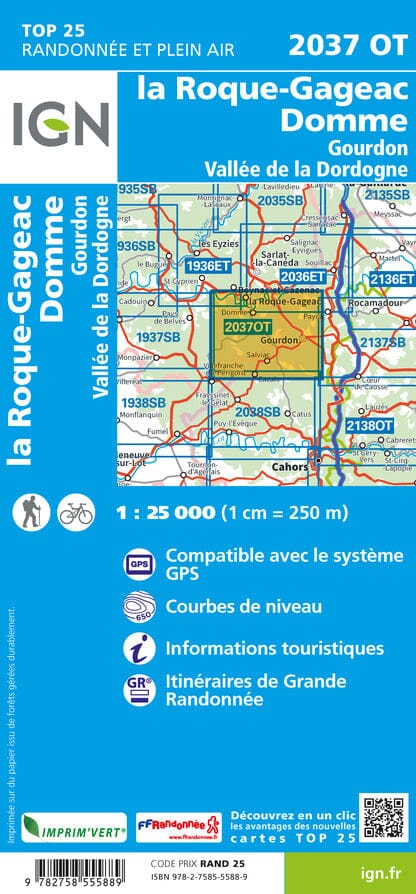 Carte TOP 25 n° 2037 OT - La Roque-Gageac, Domme, Gourdon, Vallée de la Dordogne | IGN carte de randonnée IGN