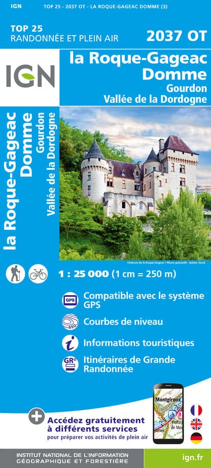 Carte TOP 25 n° 2037 OT - La Roque-Gageac, Domme, Gourdon, Vallée de la Dordogne | IGN carte de randonnée IGN