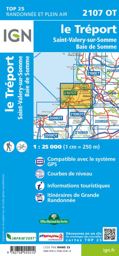 Carte TOP 25 n° 2107 OT - Le Tréport, Saint-Valery-sur-Somme, Baie de Somme | IGN carte de randonnée IGN