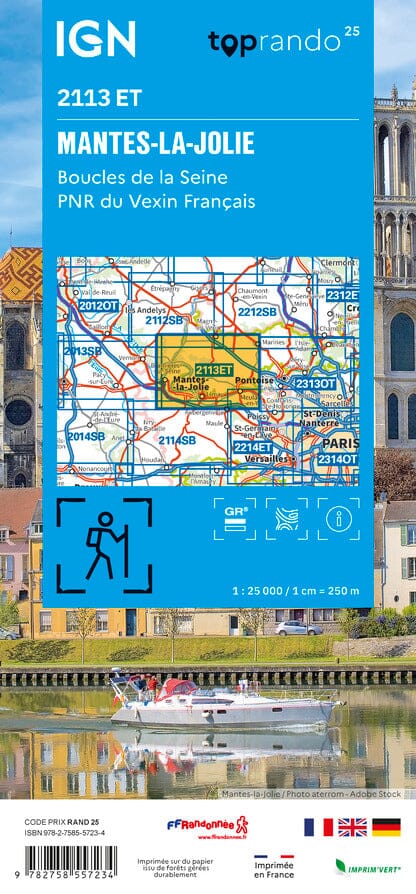 Carte TOP 25 n° 2113 ET - Mantes-la-Jolie, Boucles de la Seine, PNR du Vexin français | IGN carte pliée IGN 