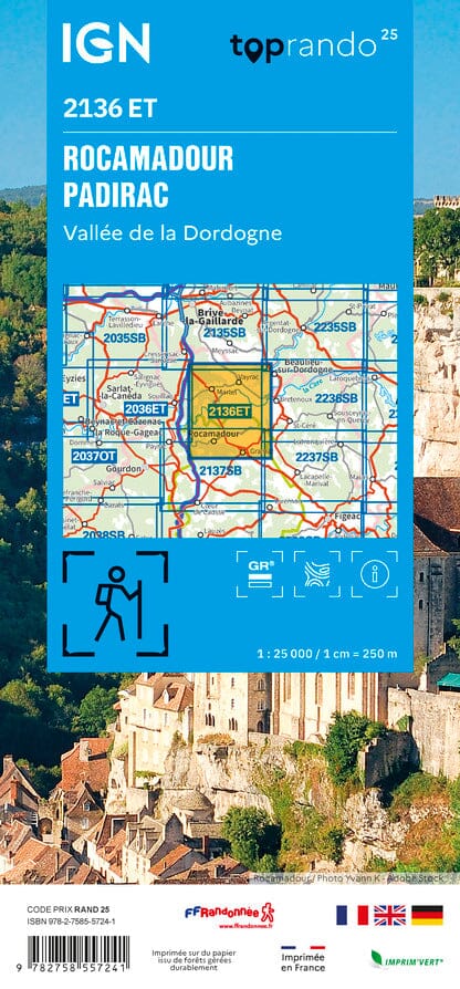 Carte TOP 25 n° 2136 ET - Rocamadour, Padirac, Vallée de la Dordogne | IGN carte pliée IGN 