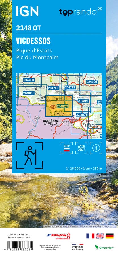 Carte de randonnée IGN TOP 25 n° 2148 OT - Vicdessos, Pique d'Estats & Pic du Montcalm, Parc national des Pyrénées carte de randonnée IGN