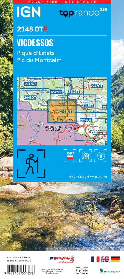 Carte de randonnée IGN TOP 25 n° 2148 OTR (résistante) - Vicdessos, Pique d'Estats & Pic du Montcalm (Pyrénées) carte de randonnée IGN