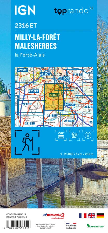 Carte TOP 25 n° 2316 ET - Milly-la-Forêt, Malesherbes, La Ferté-Alais | IGN carte pliée IGN 