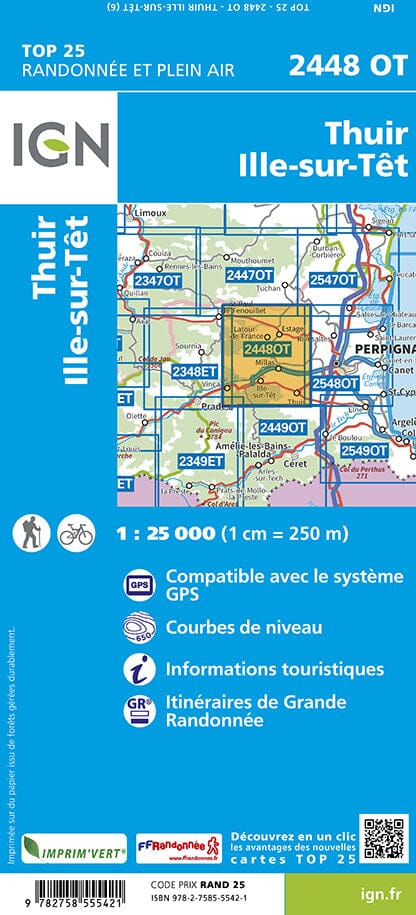 Carte TOP 25 n° 2448 OT - Thuir & Ille-sur-Têt (Pyrénées-Orientales) | IGN carte de randonnée IGN
