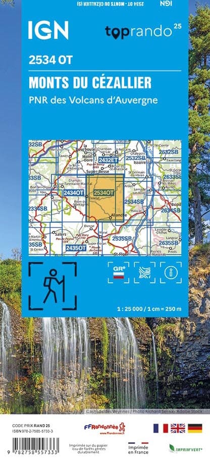 Carte TOP 25 n° 2534 OT - Monts du Cézallier (Massif Central) | IGN carte de randonnée IGN 