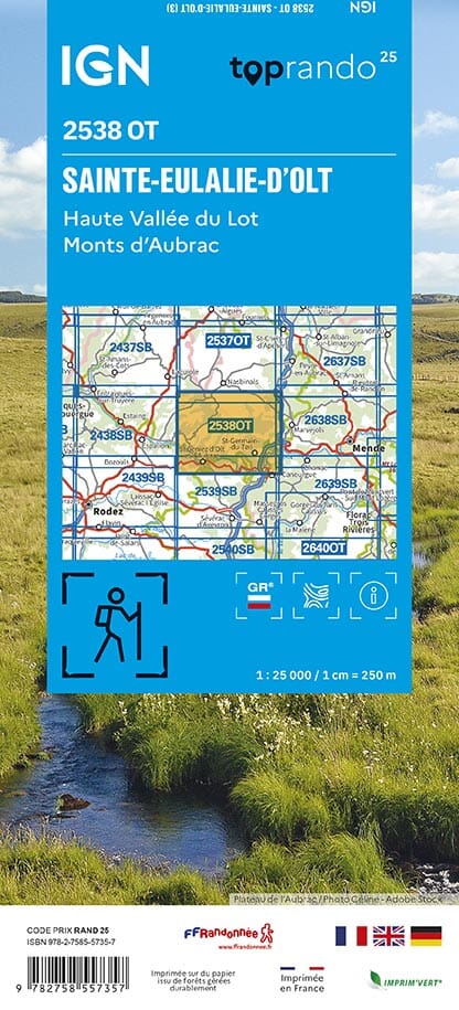 Carte TOP 25 n° 2538 OT - Sainte-Eulalie-d'Olt, Haute Vallée du Lot, Monts d'Aubrac | IGN carte de randonnée IGN 